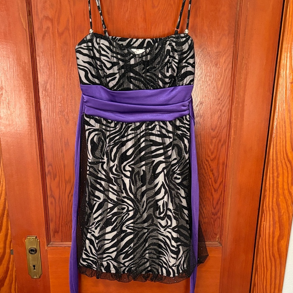 Zebra Print Dress with Purple Sash